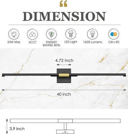 40 Inch Bathroom Light Fixtures, 24W 3CCT Dimmable Black and Gold LED Vanity Lighting Fixtures Over Mirror, 360?Rotatable Modern Bathroom Vanity Light Bar, AD-W9465-L100-BK