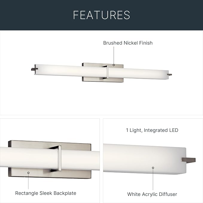 Kichler LED Linear Bath Light, Brushed Nickel | Integrated LED vanity light with white acrylic diffuser (37.5" x 4.75" x 4.5"), 11147NILED