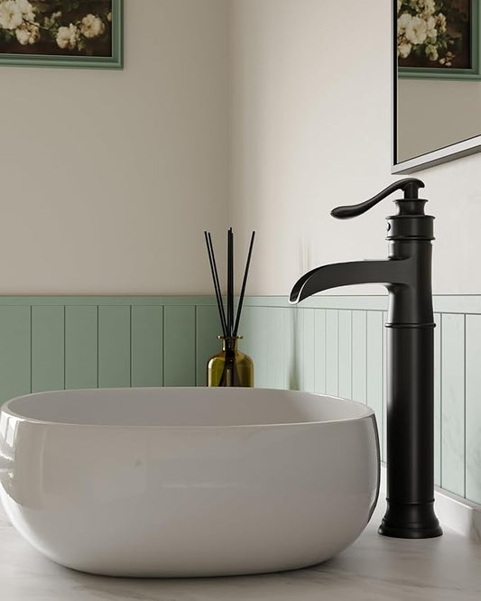 BWE Vessel Sink Faucet Waterfall Matte Black with Pop Up Drain Without Overflow and Supply Lines, Black Sink Faucet Bathroom One Handle Faucets Vanity Bath Mixer Tap