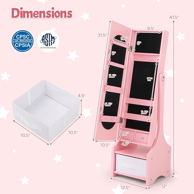 CHARMAID Kids Jewelry Armoire Cabinet - Standing jewelry Organizer for Girls, Full Length Mirror, Storage Drawers and Shelves, Kids Vanity Dressing Mirror with Storage (Pink)