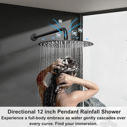 Shower Systems Round Shower Faucet Set,12+6" Dual Rainfall Shower head with 2 in 1 Handheld Spray, Wall Mount Push Button Shower Set with Valve and Trim Kit Matte Black, Can Use All at Once