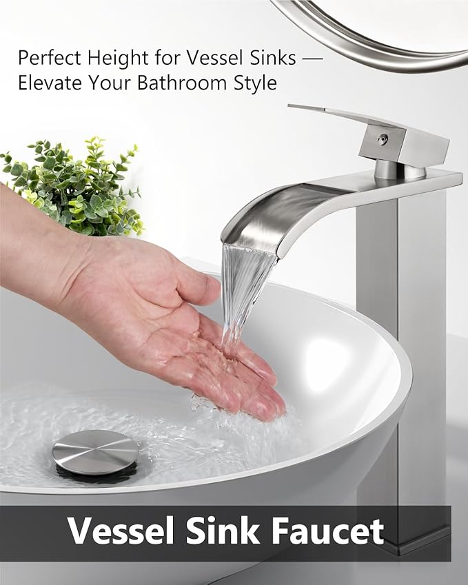 Vessel Sink Faucet Waterfall Tall Bathroom Faucet Single Handle,Single Hole Lavatory Vanity Mixer Tap with Pop Up Drain and Supply Lines,Brushed Nickel