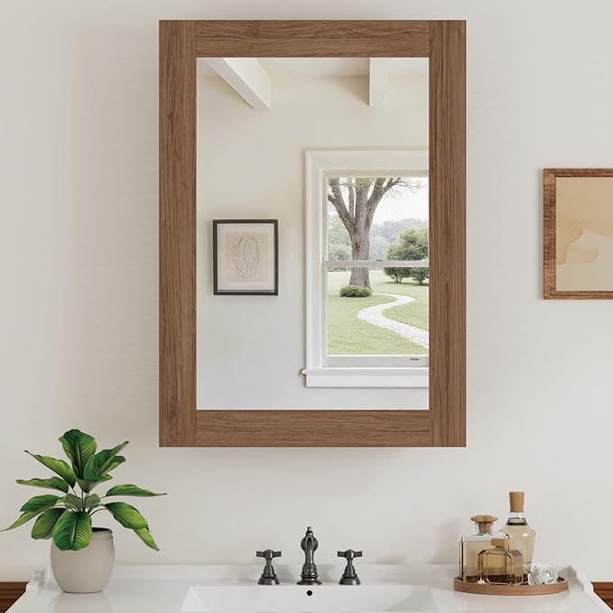 Buruis 16 x 24 Inch Walnut Grain Medicine Cabinet with Mirror, Recessed or Wall-Mounted Wood Storage Cabinet for Bathroom, Adjustable Shelves, Soft-Close Hinges, Rectangle