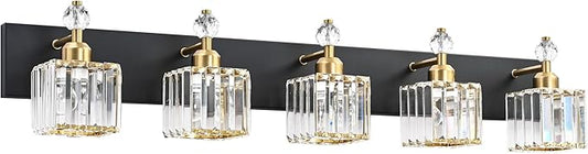 PRESDE Crystal 5 Light Bathroom Vanity Lights Modern Black and Gold Bathroom Lights Fixtures Over Mirror Modern Bath Wall Lighting