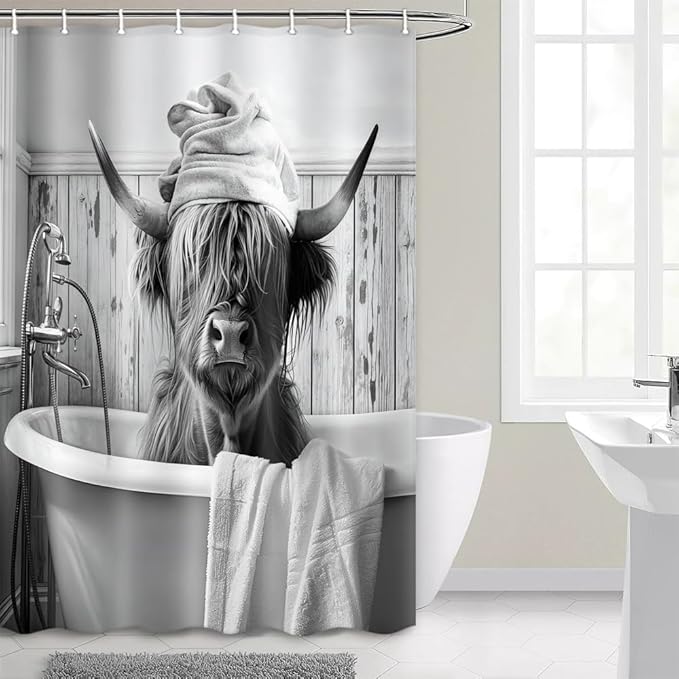 Highland Cow Shower Curtain, Funny Black & White Cow in Bathtub with Towel Rustic Bathroom Decor, Waterproof Washable Polyester Fabric, with Hooks for Farmhouse Bathroom Decorations 36X72inch.