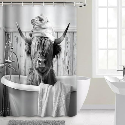 Highland Cow Shower Curtain, Funny Black & White Cow in Bathtub with Towel Rustic Bathroom Decor, Waterproof Washable Polyester Fabric, with Hooks for Farmhouse Bathroom Decorations 36X72inch.