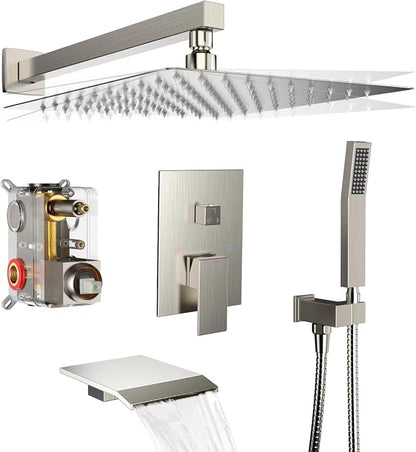 Brushed Nickel Shower System Rain Faucet Set with Tub Spout,10 inch | All-Metal Wall Mounted Bathroom Shower Faucet Set with Safe Pressure Balance Valve, Water Saving High Pressure Rainfall Head