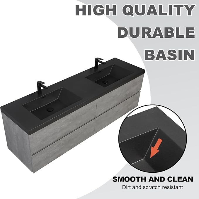 Wall Mounted 72 Inch Bathroom Vanity with Sink, Floating Vanity Bathroom, Double Sink Bathroom Vanity, 4 Drawers, Resin Integrated Sink (Dark Birch)