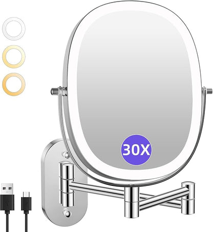 FUNTOUCH 5000mAh Rechargeable Wall Mounted Lighted Makeup Mirror, Chrome | Double Sided 30X/1X Magnifying Mirror Wall Mounted,Extended Arm 360°Rotation,Touch Dimmable,3 Color Lights for Bathroom