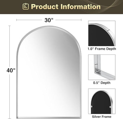 Brightify Arched Mirror, Arched Wall Mirror, 30 x 40 Inch Silver Arch Mirror, Metal Frame Silver Bathroom Mirror, Arched Top Bathroom Vanity Mirror for Living Room Bedroom Mantel Entryway Hallways