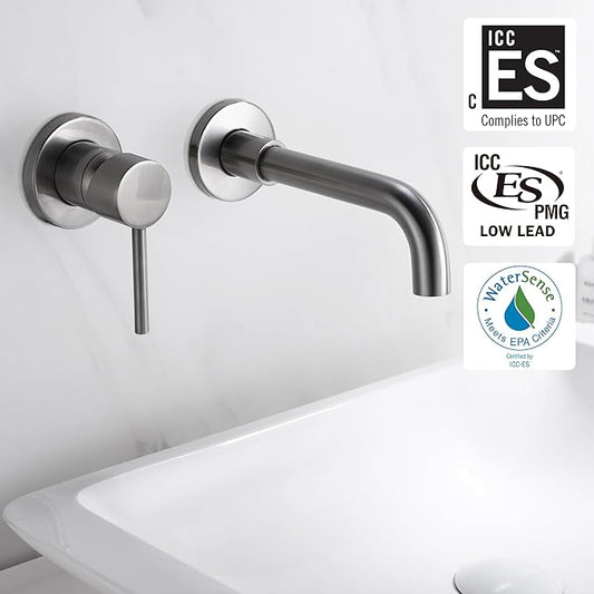 sumerain Wall Mounted Brushed Nickel Bathroom Sink Faucet Lavatory Faucet Left-Handed Design
