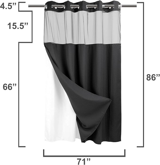 RiverDream Heavyweight Waffle No Hook Shower Curtain with Liner,Black,71x86 | Dotted Waffle,Snap-in Liner,Heavy Duty,Quick Dry,Mesh Top Window,With Bottom Magnets,Hotel-Grade,Washable,Extra Long Size