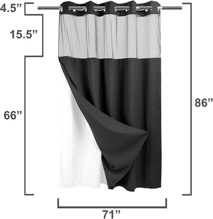 RiverDream Heavyweight Waffle No Hook Shower Curtain with Liner,Black,71x86 | Dotted Waffle,Snap-in Liner,Heavy Duty,Quick Dry,Mesh Top Window,With Bottom Magnets,Hotel-Grade,Washable,Extra Long Size
