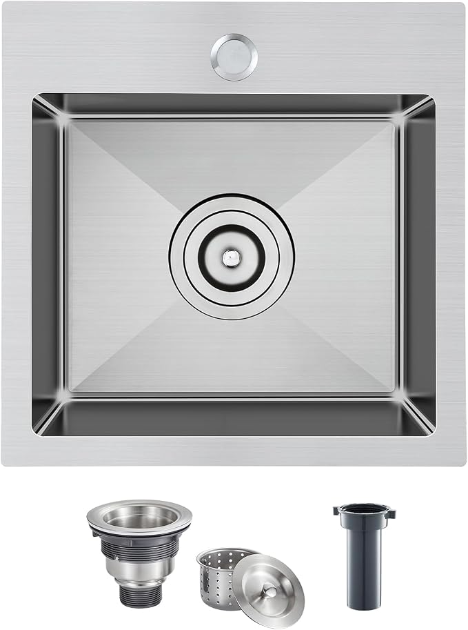 Brushed Topmount Kitchen Sink - 18”×18” Single Bowl Sink | 8 Inch Deep Handmade Bar Sink with Strainer, Stainless Steel 304, Rear Drain, X-Groove Drainage, Sound-Dampening Pad