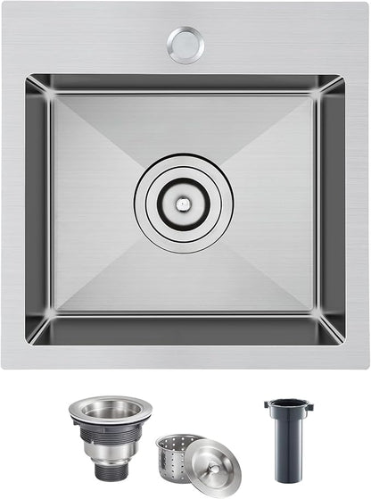 Brushed Topmount Kitchen Sink - 18”×18” Single Bowl Sink | 8 Inch Deep Handmade Bar Sink with Strainer, Stainless Steel 304, Rear Drain, X-Groove Drainage, Sound-Dampening Pad