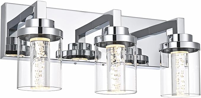MELUCEE Modern LED Bathroom Vanity Light Bar Chrome, 5CCT Adjustable | Bubble Crystal Vanity Lights Over Mirror 3 Light Bath Wall Light Fixture with Clear Glass Shade, Built-In LED Chips