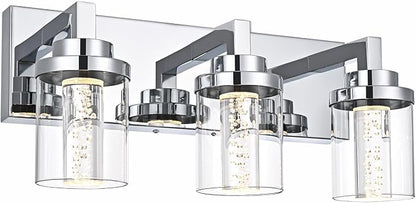 MELUCEE Modern LED Bathroom Vanity Light Bar Chrome, 5CCT Adjustable | Bubble Crystal Vanity Lights Over Mirror 3 Light Bath Wall Light Fixture with Clear Glass Shade, Built-In LED Chips