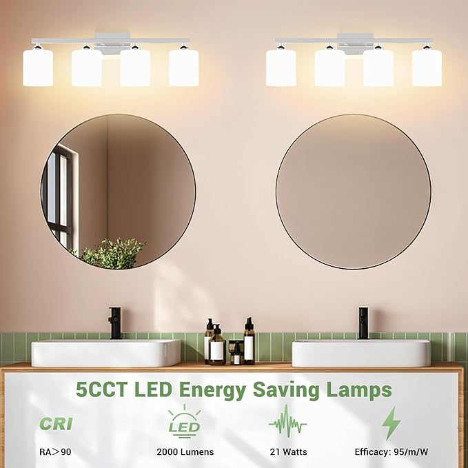 Quntis Chrome Bathroom Light Fixtures Over Mirror 5 Colors Adjustable, 4-Light LED Bathroom Vanity Lighting with Milky White Frosted Glass Shade, Energy-Saving LED Vanity Light 28.3 inch