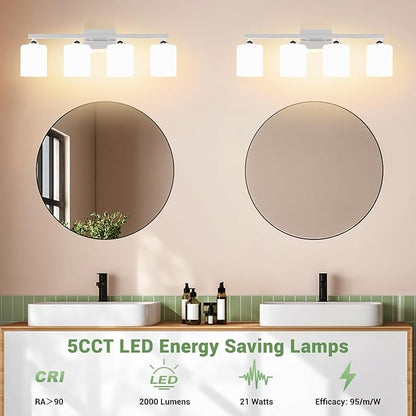 Quntis Chrome Bathroom Light Fixtures Over Mirror 5 Colors Adjustable, 4-Light LED Bathroom Vanity Lighting with Milky White Frosted Glass Shade, Energy-Saving LED Vanity Light 28.3 inch