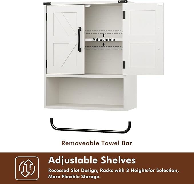 RUSTOWN Farmhouse Wall Storage Cabinet with Two Barn Door, Rustic Mounted Medicine Cabinet with Adjustable Shelf and Towel Bar, 3-Tier Wood Cabinet for Kitchen, Bathroom, Living Room (Washed Oak)