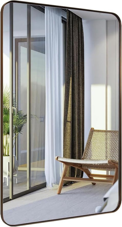 Wall Mirror for Bathroom, 20”x28”Brushed Bronze Bathroom Mirror, Rounded Rectangle Mirror in Premium Stainless Steel Metal Frame Hangs Horizontal Or Vertical