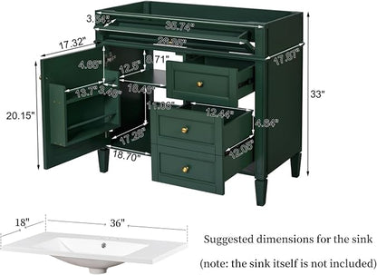 Merax 36'' Bathroom Vanity Without Top Sink, Solid Rubberwood Frame Cabinet | Modern Bathroom Vanity Storage Cabinet with 2 Drawers, Tip-out Drawer, Adjustable Shelf, Soft Closing Doors, Green