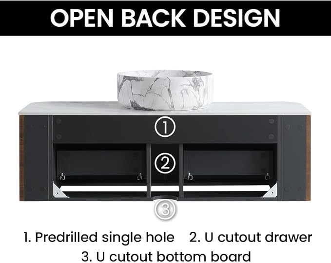 48" Preassembled Floating Bathroom Vanity with Carrara Finish Sink, Walnut | Mid-Century Modern Style, Fluted & Soft-Close Drawer with U-shaped Wall, Sinterted Stone Countertop, Towel Rack Included