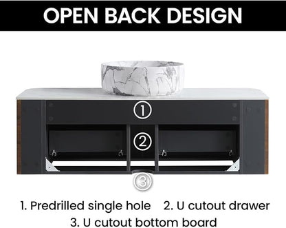 48" Preassembled Floating Bathroom Vanity with Carrara Finish Sink, Walnut | Mid-Century Modern Style, Fluted & Soft-Close Drawer with U-shaped Wall, Sinterted Stone Countertop, Towel Rack Included