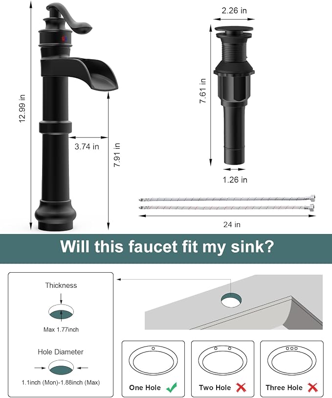 BWE Matte Black Vessel Sink Faucet Waterfall Tall Bathroom Faucet | Single Handle 1 Hole Brass Countertop Lavatory Vanity Mixer Tap with Pop Up Drain and Supply Lines for RV Bar No Overflow