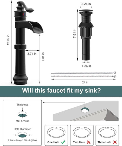 BWE Matte Black Vessel Sink Faucet Waterfall Tall Bathroom Faucet | Single Handle 1 Hole Brass Countertop Lavatory Vanity Mixer Tap with Pop Up Drain and Supply Lines for RV Bar No Overflow