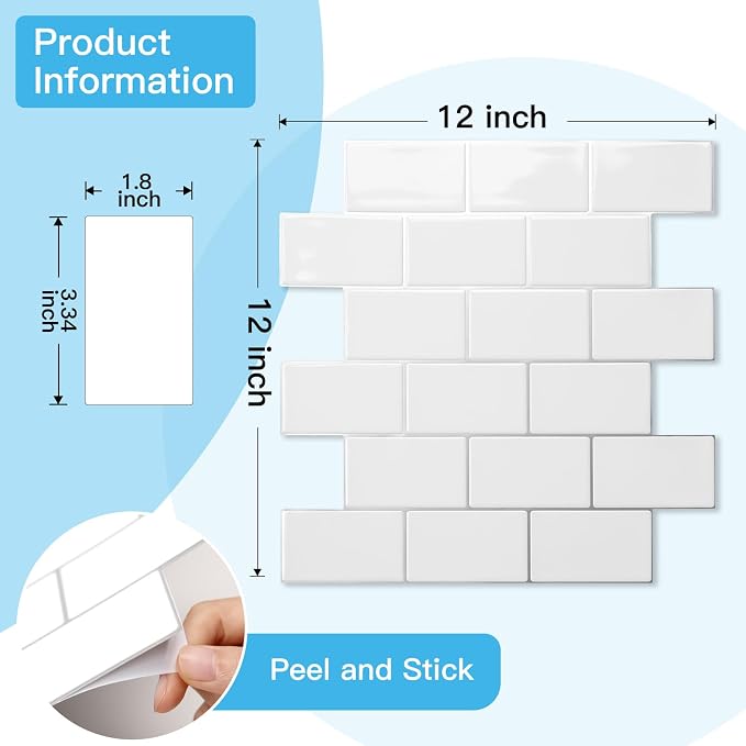 Art3d 10-Pack Subway Peel and Stick Backsplash, White with Silver Grout | 12 x 12 Inch, Thickened Design, No Warping, Durable, Self-Adhesive, for Kitchen, Bedroom Decor, Ideal for New Home Buyers