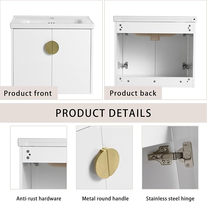 24inch Wall Mount Bathroom Vanity w/Sink Combo for Small Space, Ceramic Countertop Double Doors Modern Bathroom Vanity Cabinet, Floating White Bathroom Vanity and Sink Set w/Gold Handle