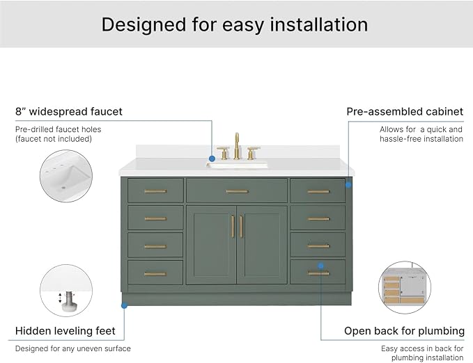ARIEL Hepburn 60-inch Bathroom Vanity with Sink,Solid Wood, 1.5-inch Pure White Quartz Countertop, Single Rectangular Porcelain Sink, 2 Soft Closing Doors, 9 Dovetail Drawers, Vintage Green