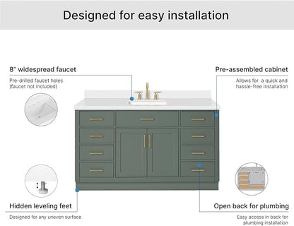 ARIEL Hepburn 60-inch Bathroom Vanity with Sink,Solid Wood, 1.5-inch Pure White Quartz Countertop, Single Rectangular Porcelain Sink, 2 Soft Closing Doors, 9 Dovetail Drawers, Vintage Green