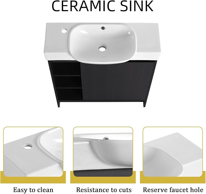 30" Freestanding Bathroom Vanity with Sink, Floor Cabinet, Dark Oak | Integrated Ceramic Sink, Soft-Close Door & 3 Open Storage Shelves, Small Bath Vanity Set, Easy to Clean