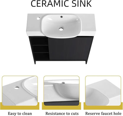30" Freestanding Bathroom Vanity with Sink, Floor Cabinet, Dark Oak | Integrated Ceramic Sink, Soft-Close Door & 3 Open Storage Shelves, Small Bath Vanity Set, Easy to Clean
