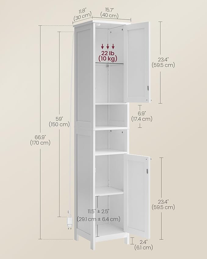 VASAGLE Tall Bathroom Cabinet with Lights, Slim Freestanding Bathroom Storage Cabinet with Adjustable Shelves, for Small Spaces, Modern, 15.7 Inches Wide, Cloud White UBBC766W02