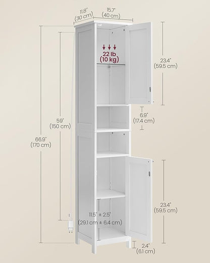 VASAGLE Tall Bathroom Cabinet with Lights, Slim Freestanding Bathroom Storage Cabinet with Adjustable Shelves, for Small Spaces, Modern, 15.7 Inches Wide, Cloud White UBBC766W02