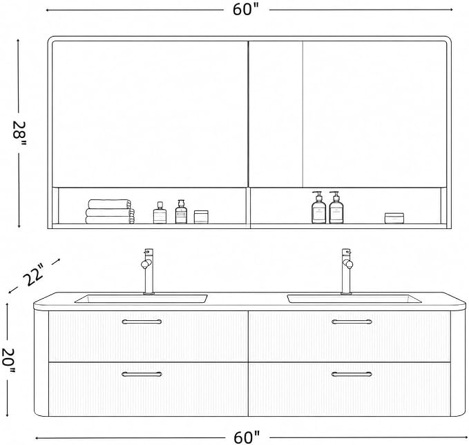 60 in Double Bathroom Vanity with Sinks - Modern Floating Bathroom Vanity with Solid Wood Cabinet, Anti-Fog Mirror and Integrated Stone Sinks | Wall Mounted Design | Ample Storage