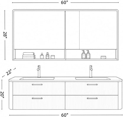 60 in Double Bathroom Vanity with Sinks - Modern Floating Bathroom Vanity with Solid Wood Cabinet, Anti-Fog Mirror and Integrated Stone Sinks | Wall Mounted Design | Ample Storage