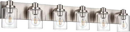 6 Light Vanity Light Brushed Nickel Bathroom Lighting Fixtures Over Mirror, Modern Bathroom Light with Clear Glass Shade, Farmhouse Vanity Lights