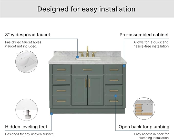 Isabella 48-inch Vintage Green Bathroom Vanity with Center Rectangle Single Sink, Italian Carrara Marble Countertop & Backsplash, Solid Wood Frame, Soft-Closing & Dovetail Drawers
