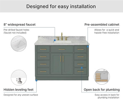 Isabella 48-inch Vintage Green Bathroom Vanity with Center Rectangle Single Sink, Italian Carrara Marble Countertop & Backsplash, Solid Wood Frame, Soft-Closing & Dovetail Drawers