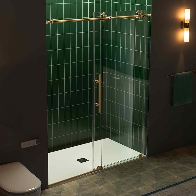 Woodbridge 56-60" W x 80" H Frameless Single Sliding Shower Door with Tempered Glass & Explosion Proof Film in Brushed Gold Finish