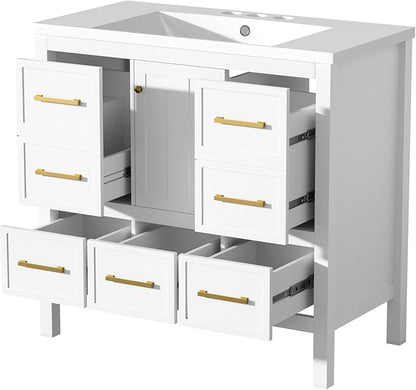 Merax 36 Inch White Bathroom Vanity with Sink,Modern Bathroom Sink Cabinet 36" with 5 Drawers & Storage Cabinet,Spacious Integrated Countertop,Gold Handles,Soft Closing,Solid Wood Frame