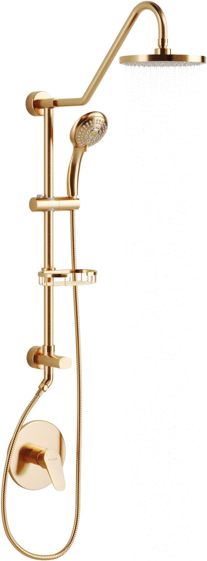 PULSE ShowerSpas Kauai III Brushed Gold Rain Shower Head with Handheld Spray - 2.5 GPM, 8" Showerhead, 5-Function HandShower, Adjustable Slide Bar - Shower Heads with Handheld Spray Combo