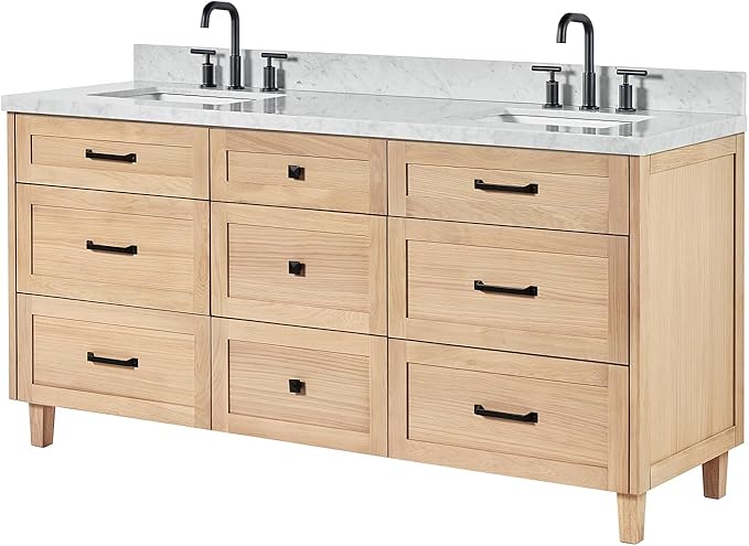 ARIEL Monroe 72-inch Bathroom Vanity with Sink,Solid Wood, 1.5-inch Italian Carrara Marble Countertop & Backsplash, Double Oval Porcelain Sink, 9 Dovetail Drawers, Matte Black, White Oak