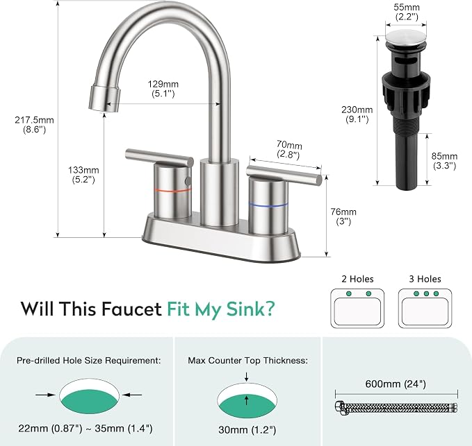 Faustina Brushed Bathroom Faucet, 4 Inch Centerset Faucets for Sink 2 Holes 3 Holes，Two Handles 304 Stainless Steel Bathroom Sink Faucet with Pup up Drain and 2 cUPC Water Supply Lines for RV Vanity