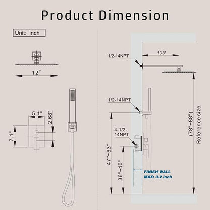 Alesco Shower Faucet Set, Gold Shower System with 12-Inch High-Pressure Rainfall Showerheads and Handheld Spray combo, Showerfixture Include Valve and Trim Kit, Brushed Gold