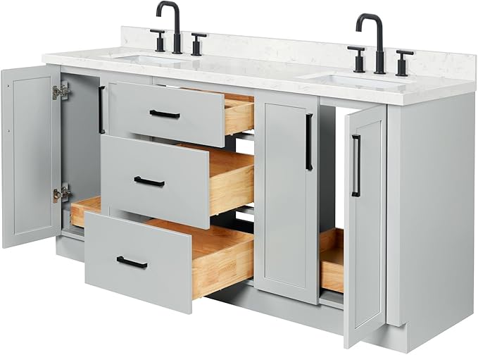 ARIEL Loren 72-inch Bathroom Vanity with Sink,Solid Wood, 1.5-inch Carrara White Quartz Countertop, Double Rectangular Porcelain Sink, 4 Soft Closing Doors, 3 Dovetail Drawers, Grey